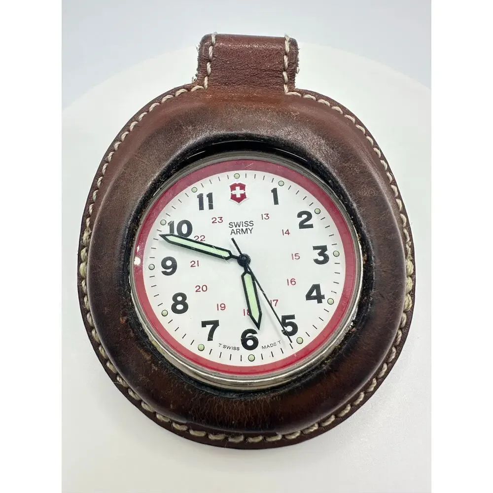 Swiss Army Victorinox silver tone quartz 48mm pocket watch brown leather case